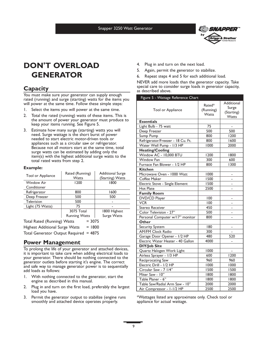 Snapper 1667-0 owner manual Dont Overload Generator, Capacity, Power Management, Example 