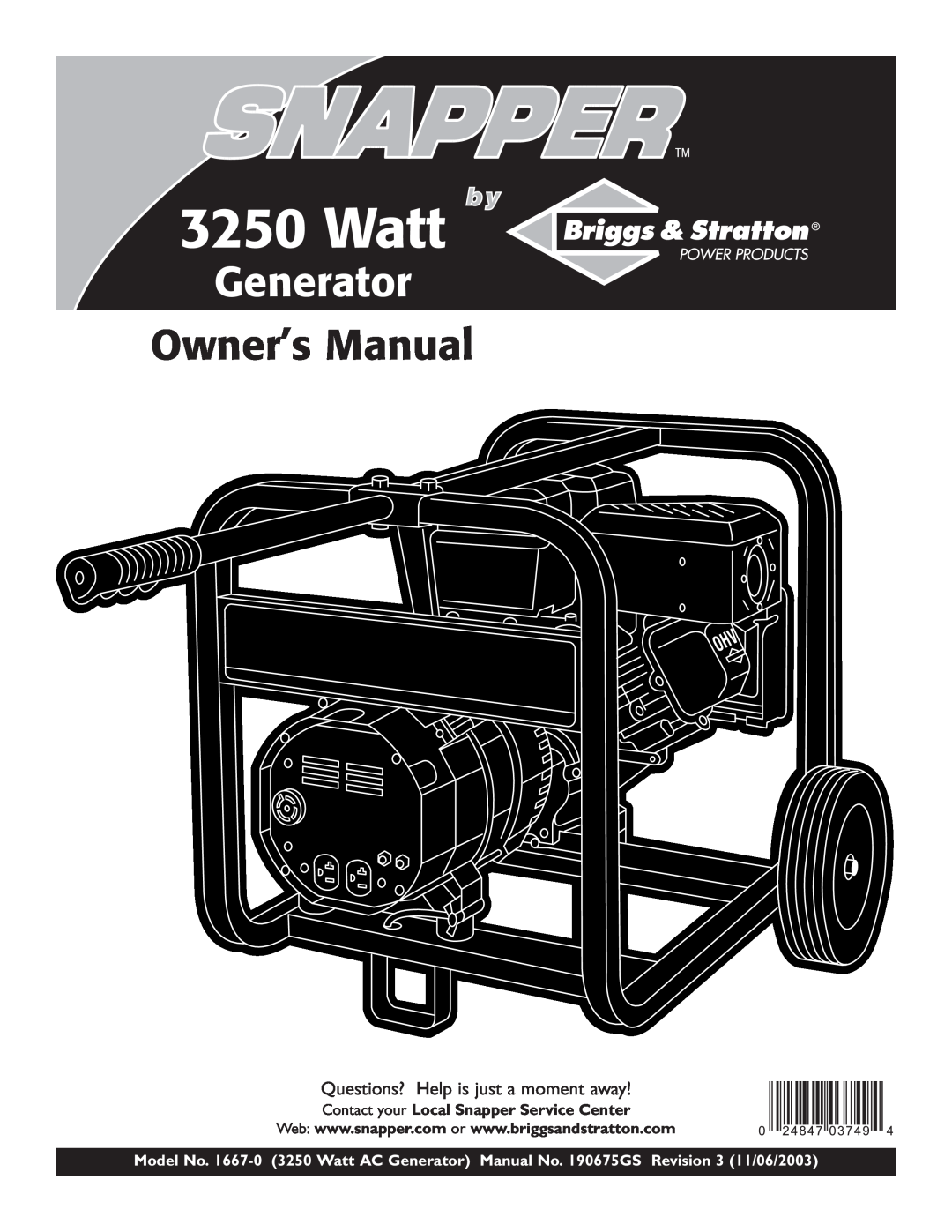 Snapper 1667-0 owner manual Questions? Help is just a moment away, Contact your Local Snapper Service Center, Watt 