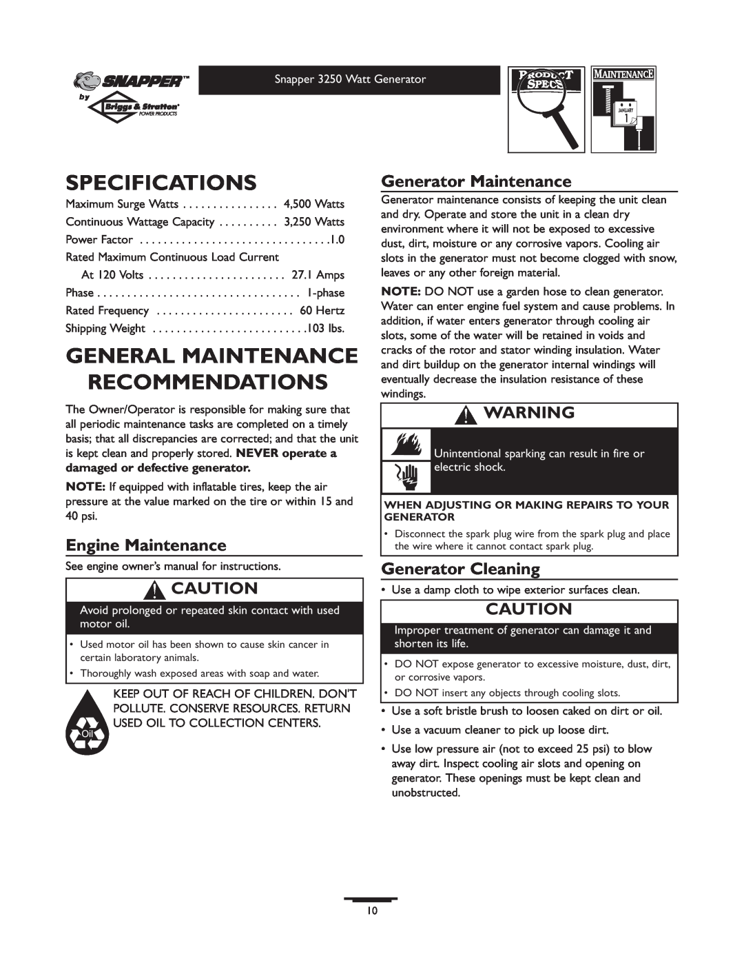 Snapper 1667-0 owner manual Specifications, General Maintenance Recommendations, Engine Maintenance, Generator Maintenance 
