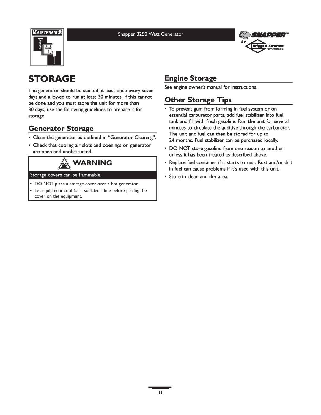 Snapper 1667-0 owner manual Generator Storage, Engine Storage, Other Storage Tips, Storage covers can be flammable 