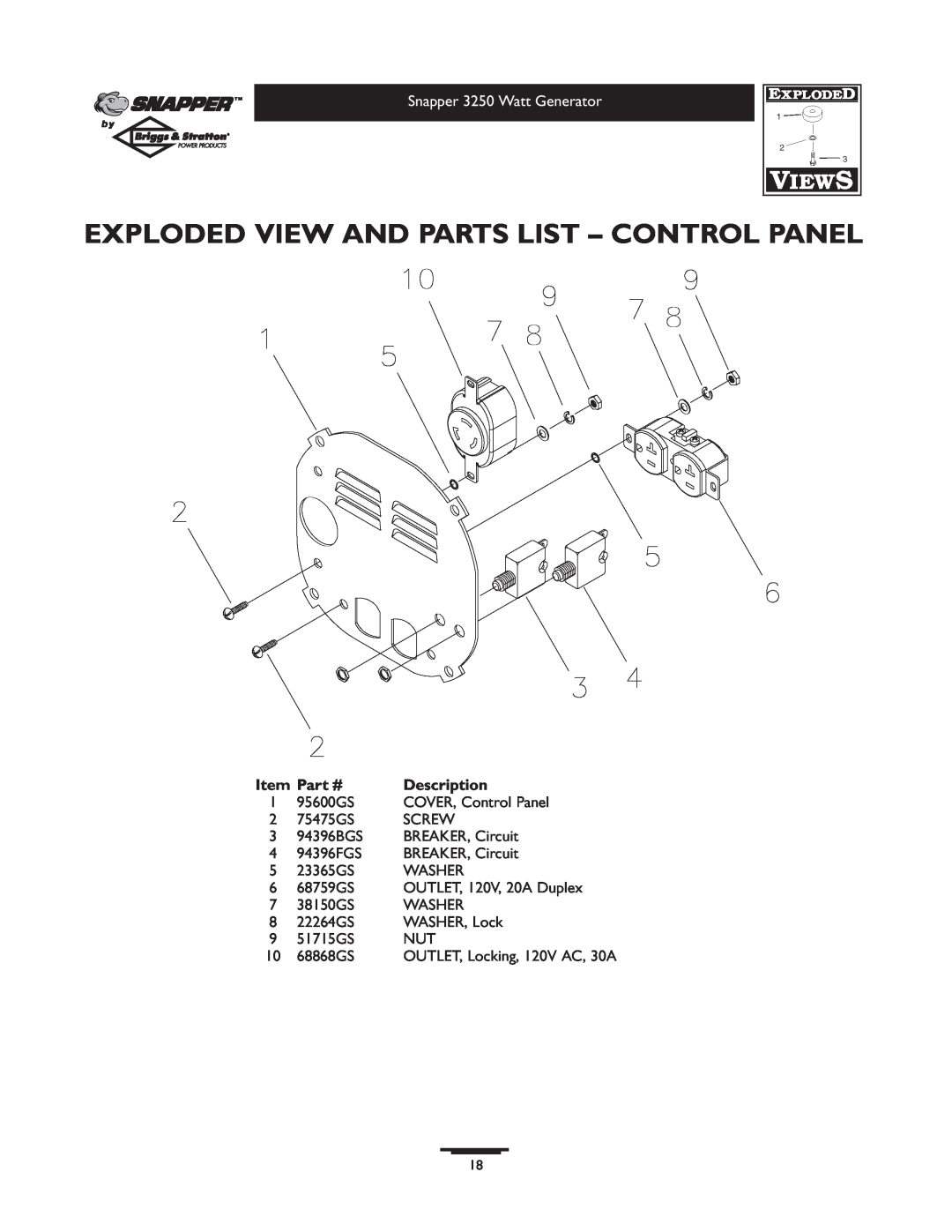 Snapper 1667-0 owner manual Exploded View And Parts List - Control Panel, Snapper 3250 Watt Generator, Description 