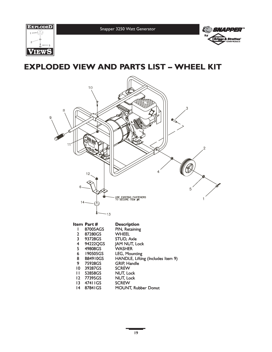 Snapper 1667-0 owner manual Exploded View And Parts List - Wheel Kit, Snapper 3250 Watt Generator, Description 