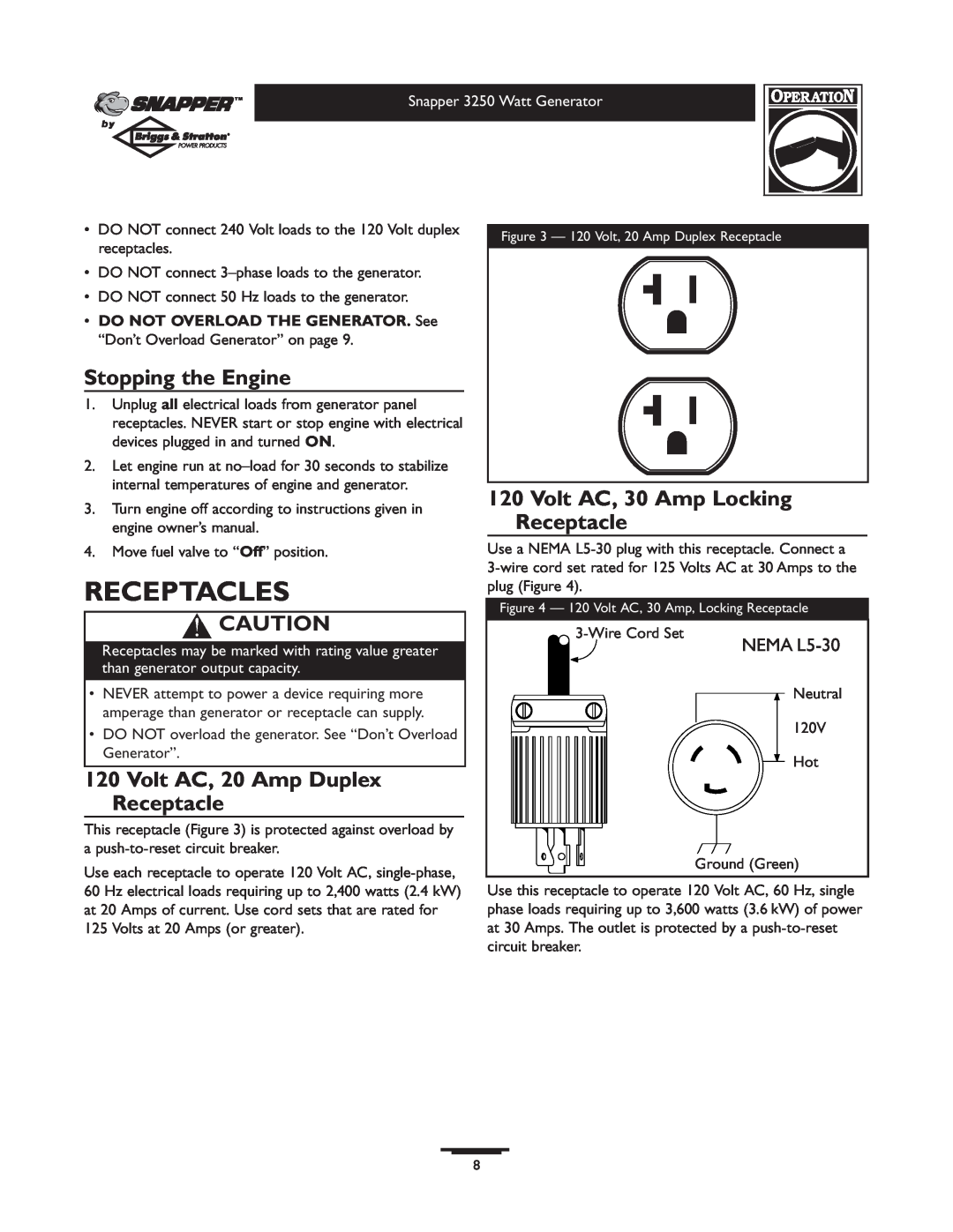 Snapper 1667-0 Receptacles, Stopping the Engine, Volt AC, 20 Amp Duplex Receptacle, Volt AC, 30 Amp Locking Receptacle 