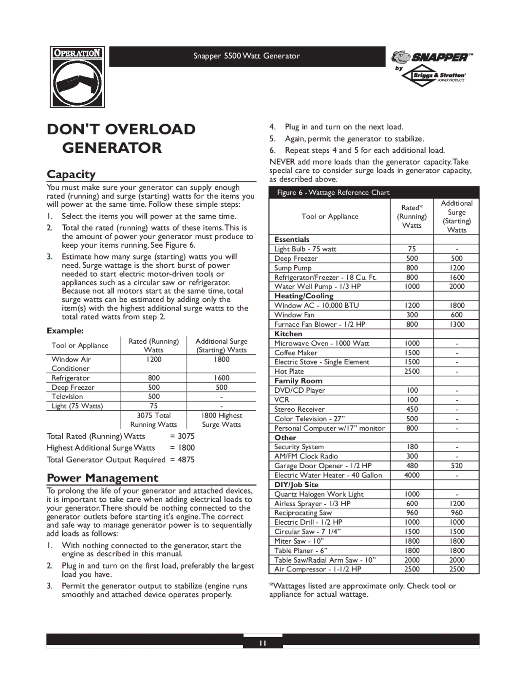 Snapper 1668-0 owner manual Dont Overload Generator, Capacity, Power Management, Example 