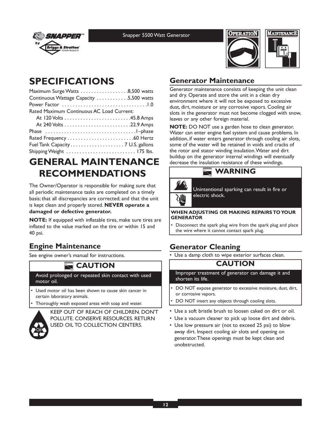 Snapper 1668-0 owner manual Specifications, General Maintenance Recommendations, Generator Maintenance, Engine Maintenance 