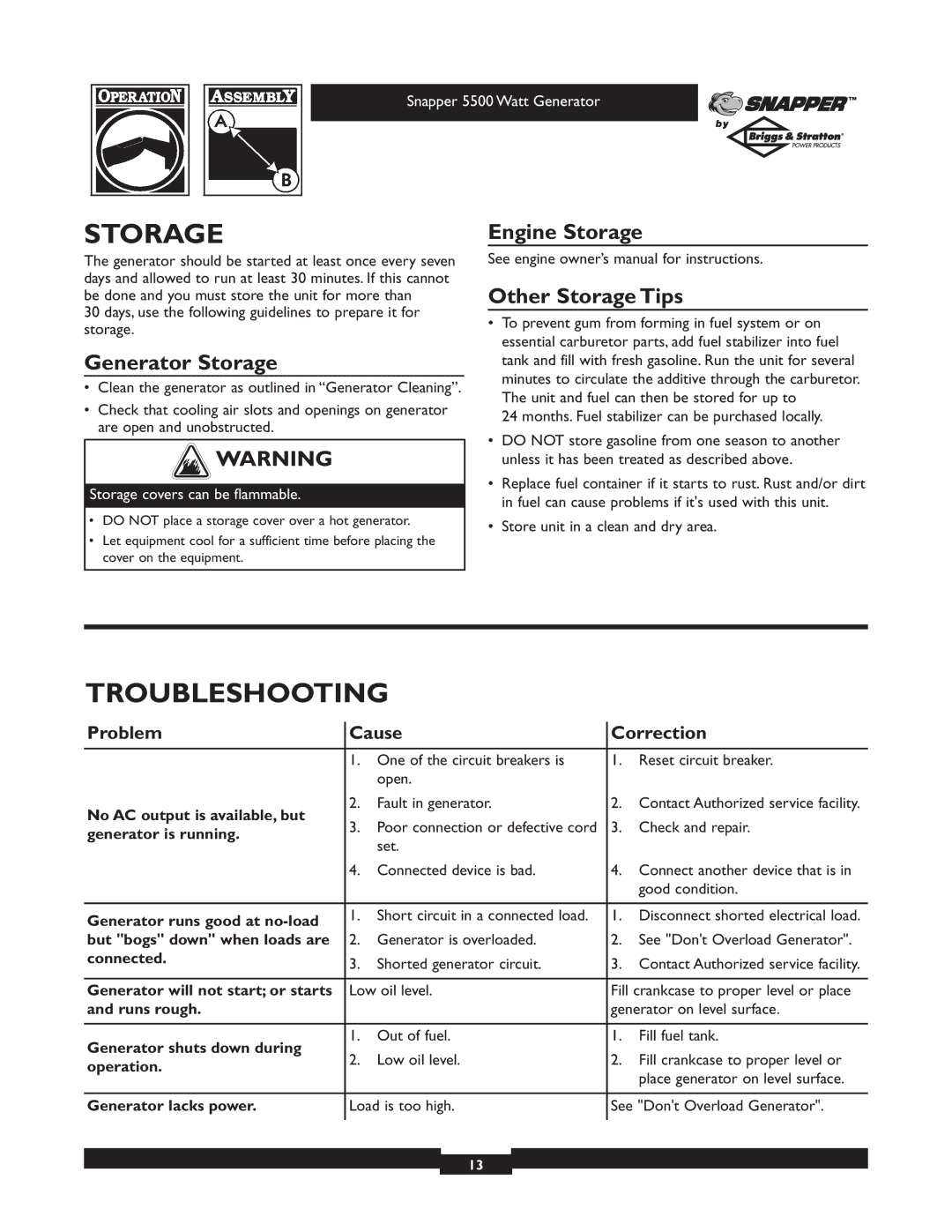 Snapper 1668-0 owner manual Troubleshooting, Generator Storage, Engine Storage Other Storage Tips 