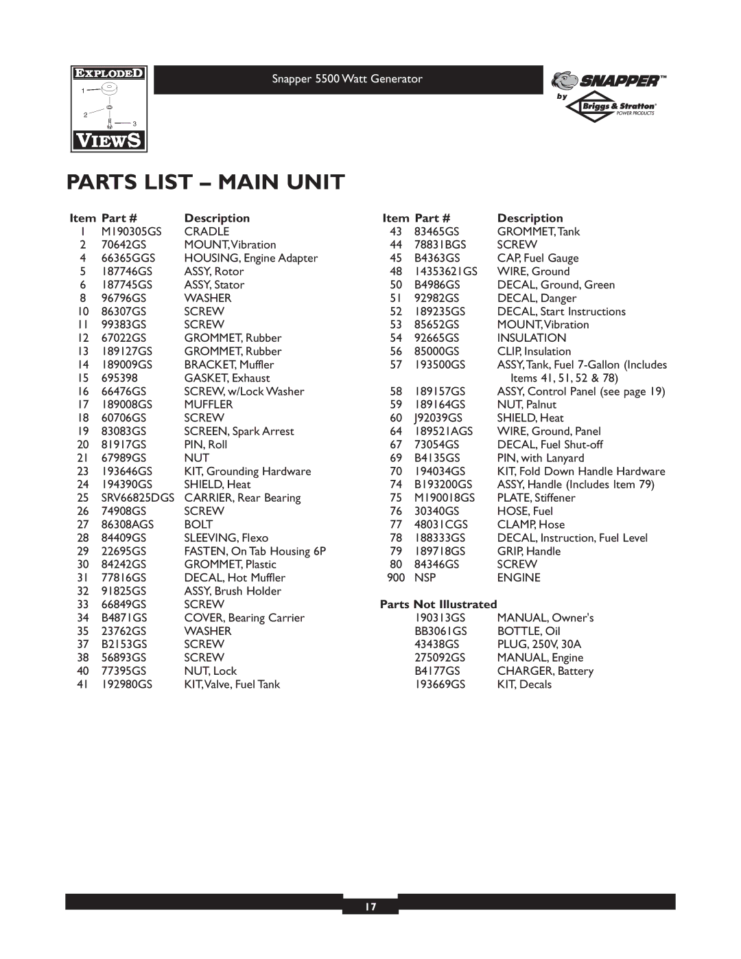 Snapper 1668-0 owner manual Parts List Main Unit, Description, Parts Not Illustrated 