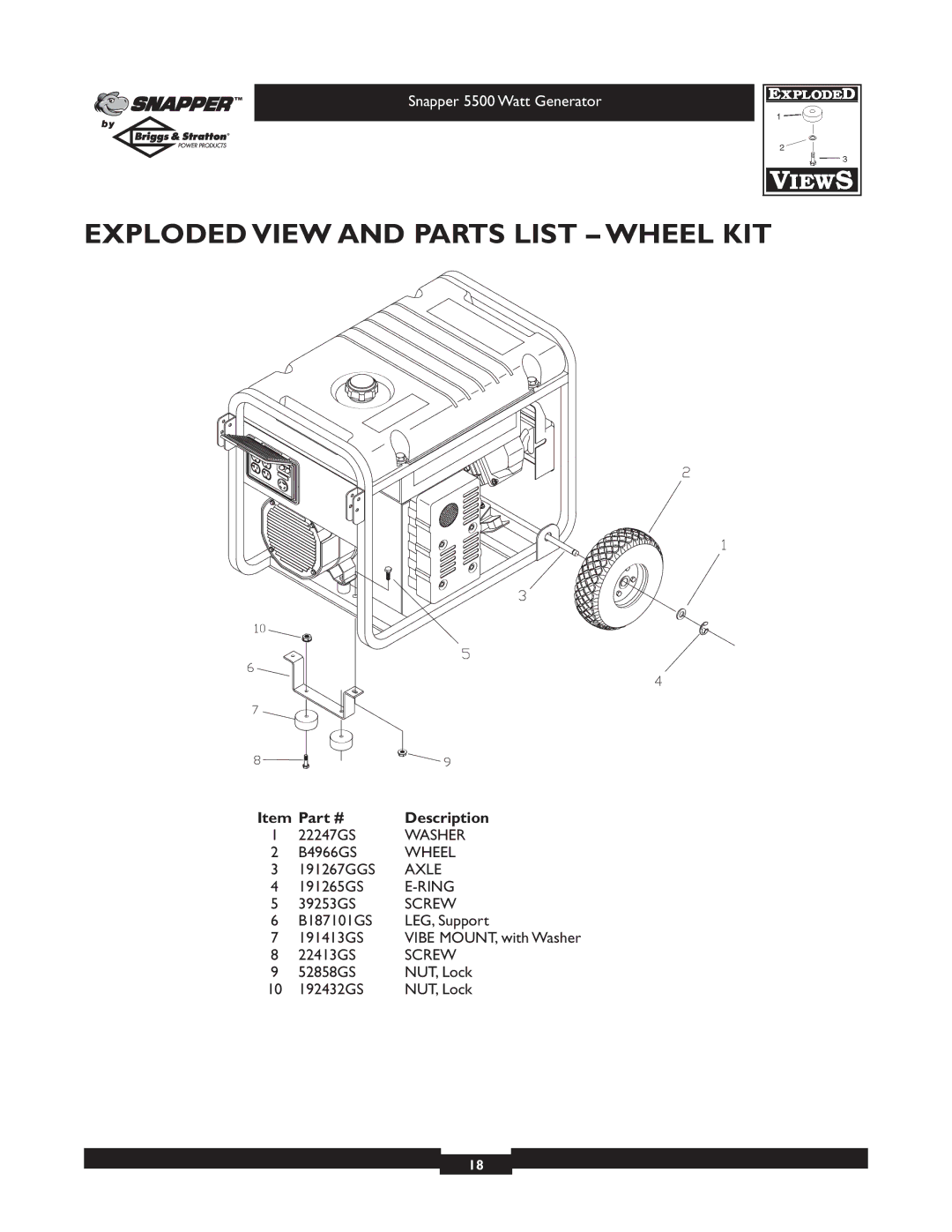 Snapper 1668-0 owner manual Exploded View and Parts List Wheel KIT 