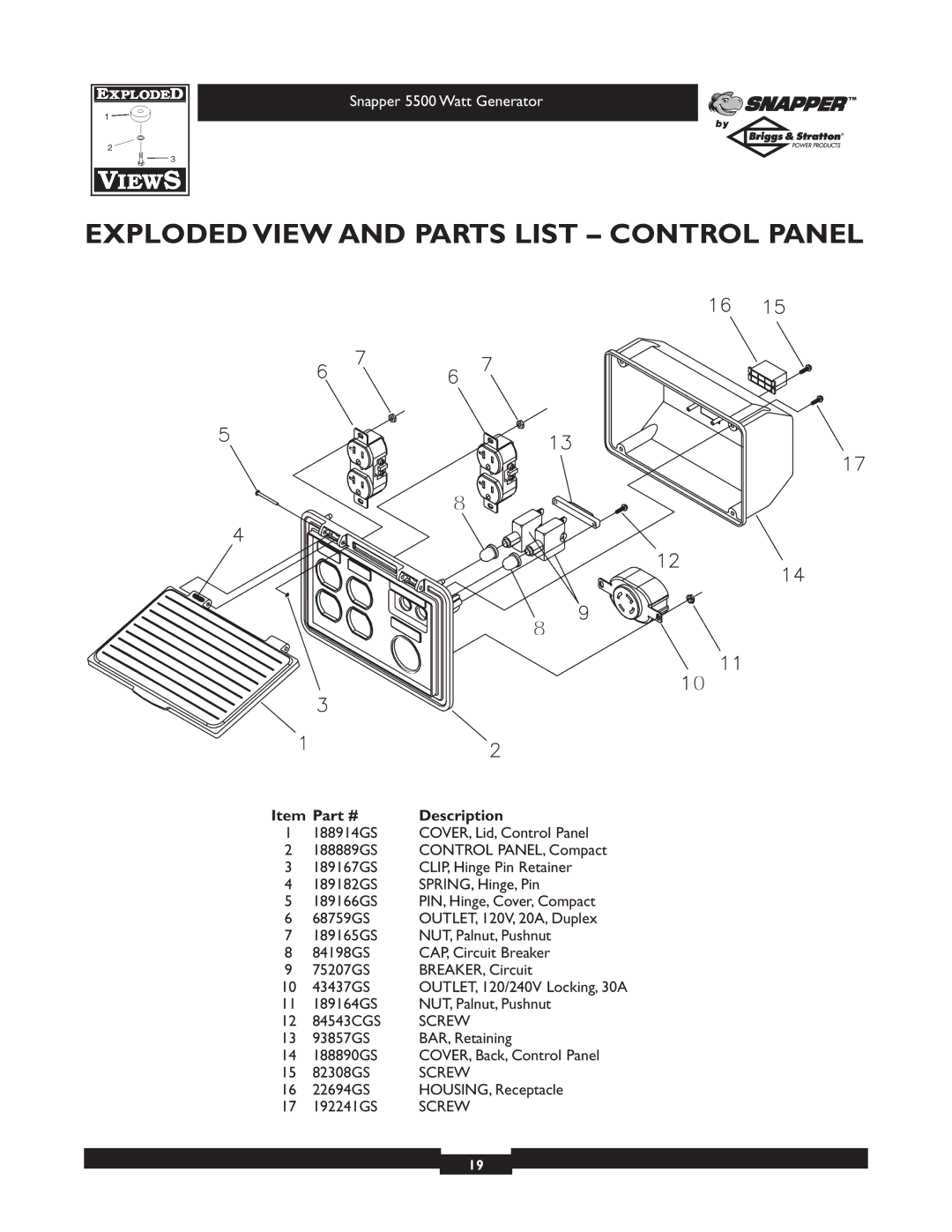 Snapper 1668-0 owner manual Exploded View and Parts List Control Panel, 22694GS HOUSING, Receptacle 192241GS 