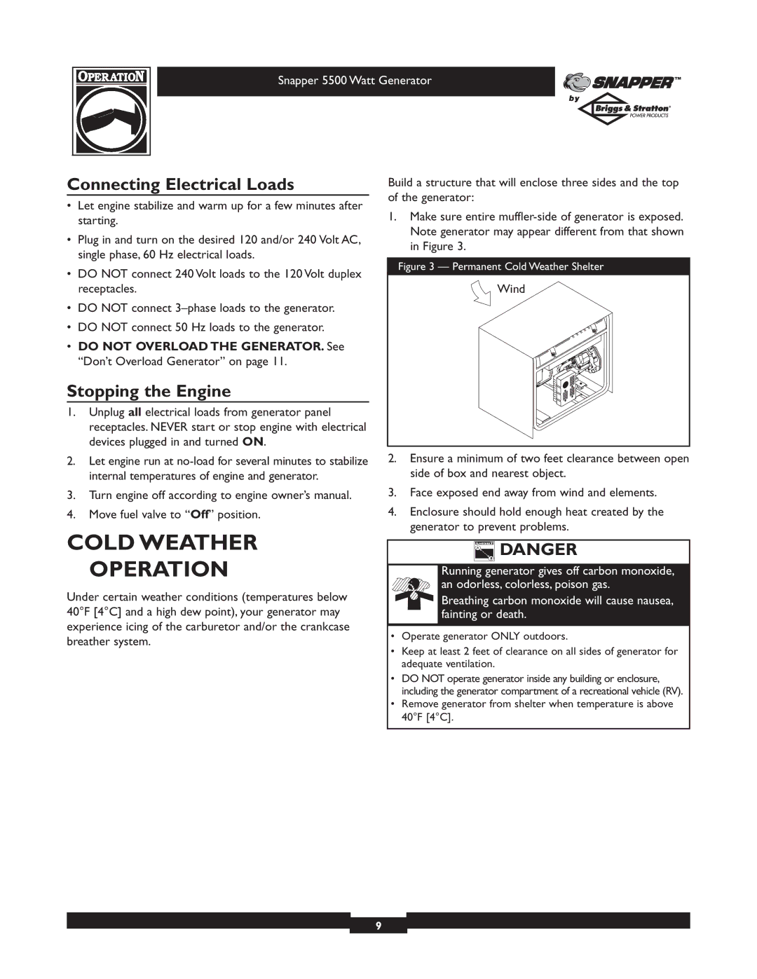 Snapper 1668-0 owner manual Cold Weather Operation, Connecting Electrical Loads, Stopping the Engine, Wind 