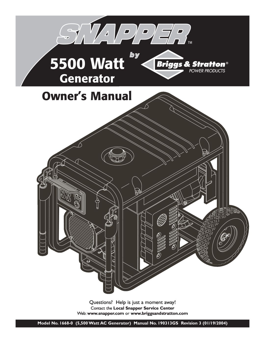 Snapper 1668-0 owner manual Questions? Help is just a moment away, Watt, Generator 