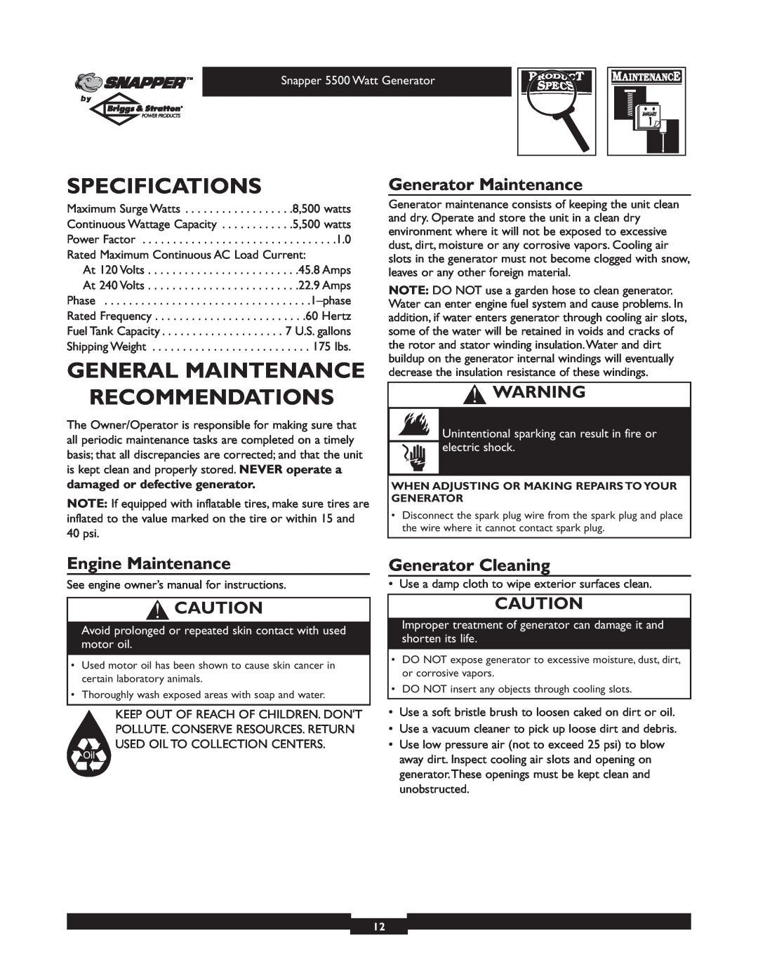 Snapper 1668-0 owner manual Specifications, General Maintenance Recommendations, Generator Maintenance, Engine Maintenance 