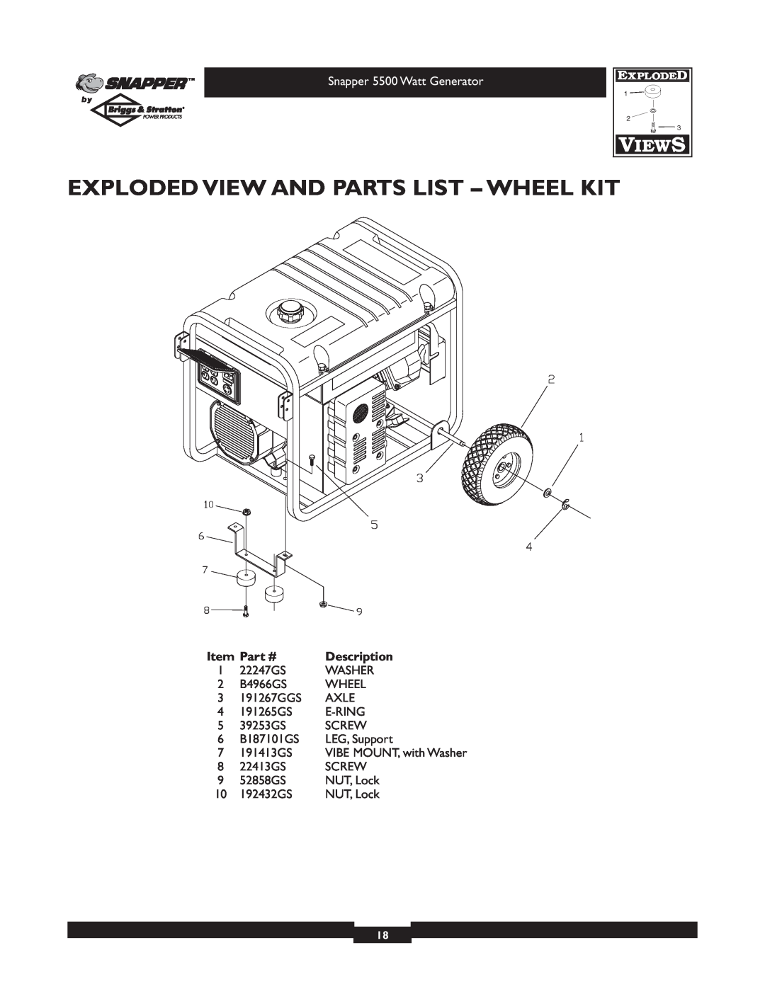 Snapper 1668-0 owner manual Exploded View And Parts List - Wheel Kit, Snapper 5500 Watt Generator, VIBE MOUNT, with Washer 