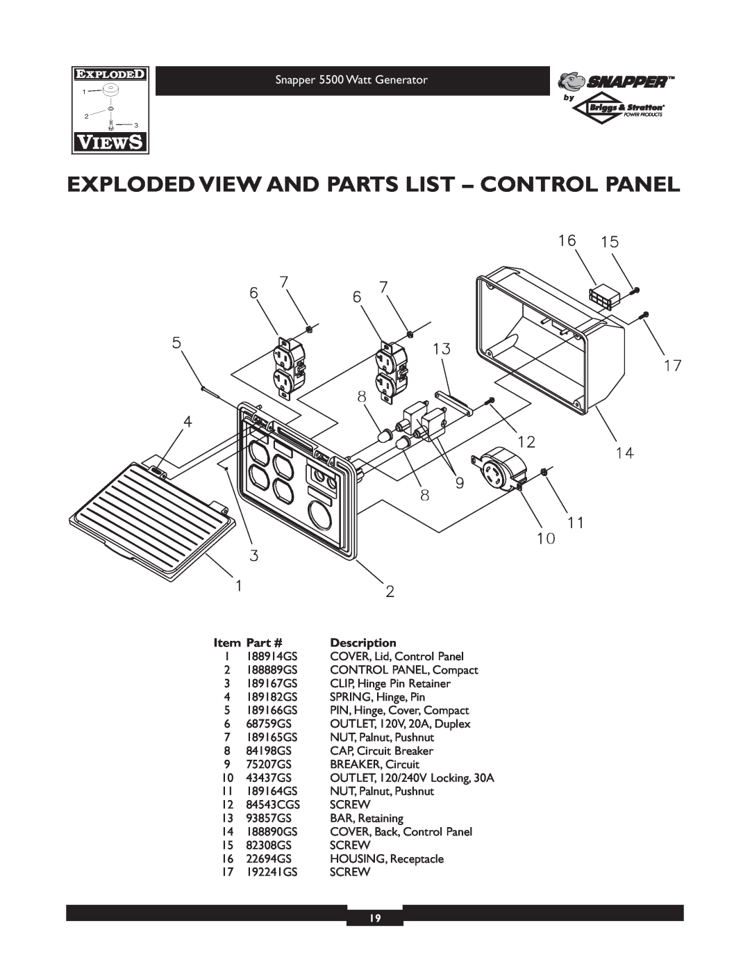 Snapper 1668-0 owner manual Exploded View And Parts List - Control Panel, Snapper 5500 Watt Generator, Description 