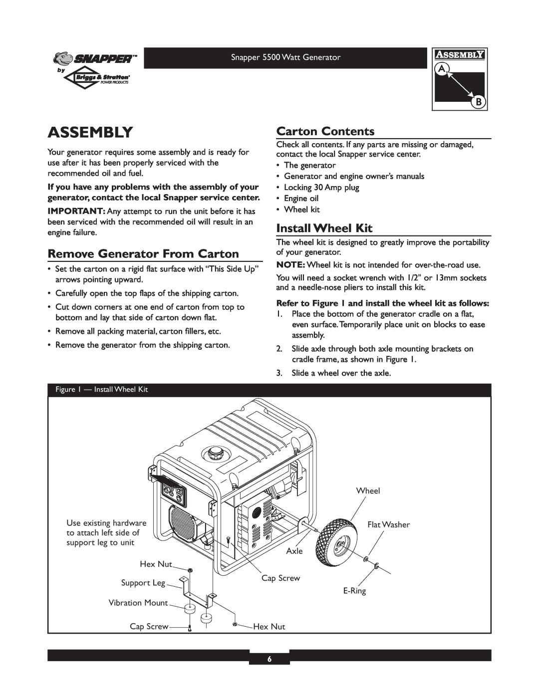 Snapper 1668-0 Assembly, Remove Generator From Carton, Carton Contents, Install Wheel Kit, Snapper 5500 Watt Generator 