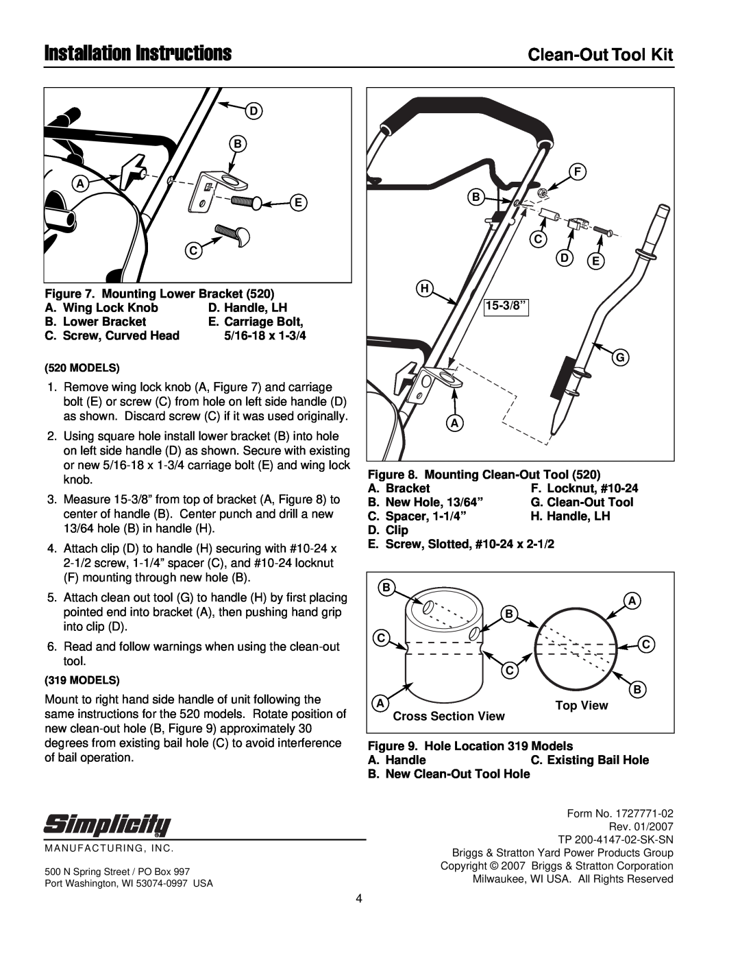 Snapper 1687099 installation instructions Installation Instructions, Clean-OutTool Kit 