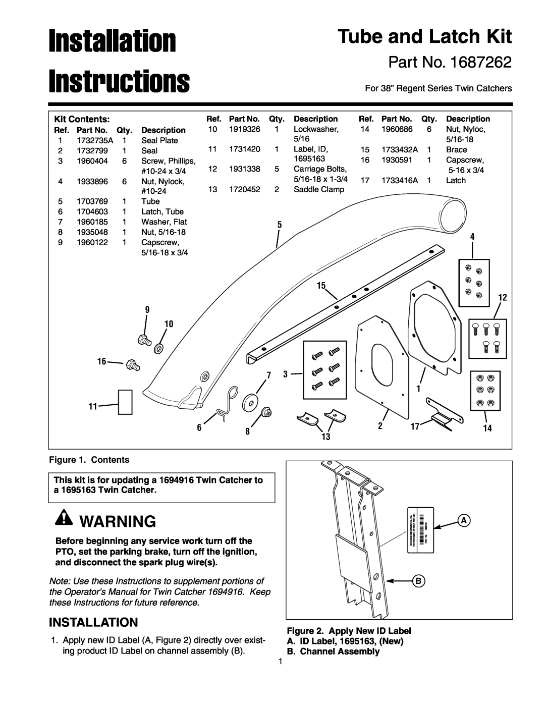 Snapper 1687262 installation instructions Installation, Instructions, Tube and Latch Kit 