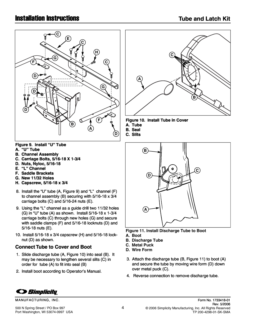 Snapper 1687262 installation instructions Installation Instructions, Tube and Latch Kit, Connect Tube to Cover and Boot 
