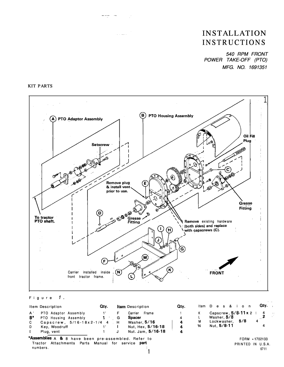 Snapper 1691351 installation instructions Installation Instructions, Rpm Front Power Take-Offpto Mfg. No, Kit Parts 