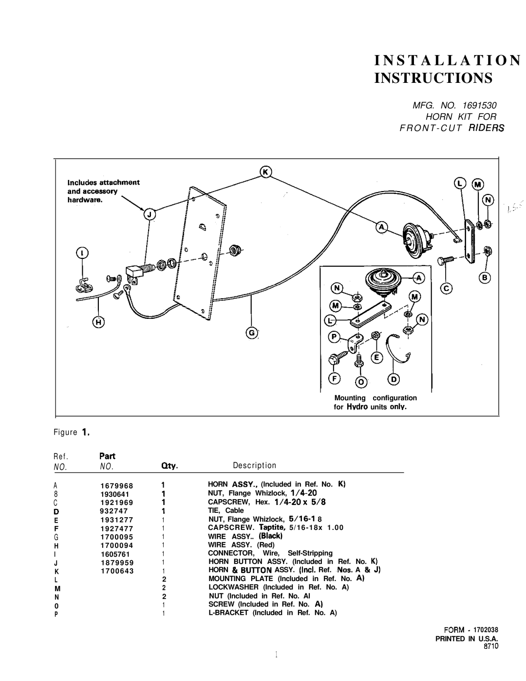 Snapper 1691530 installation instructions Installation Instructions, MFG. no, Horn KIT for, O N T C U T RlDERS 