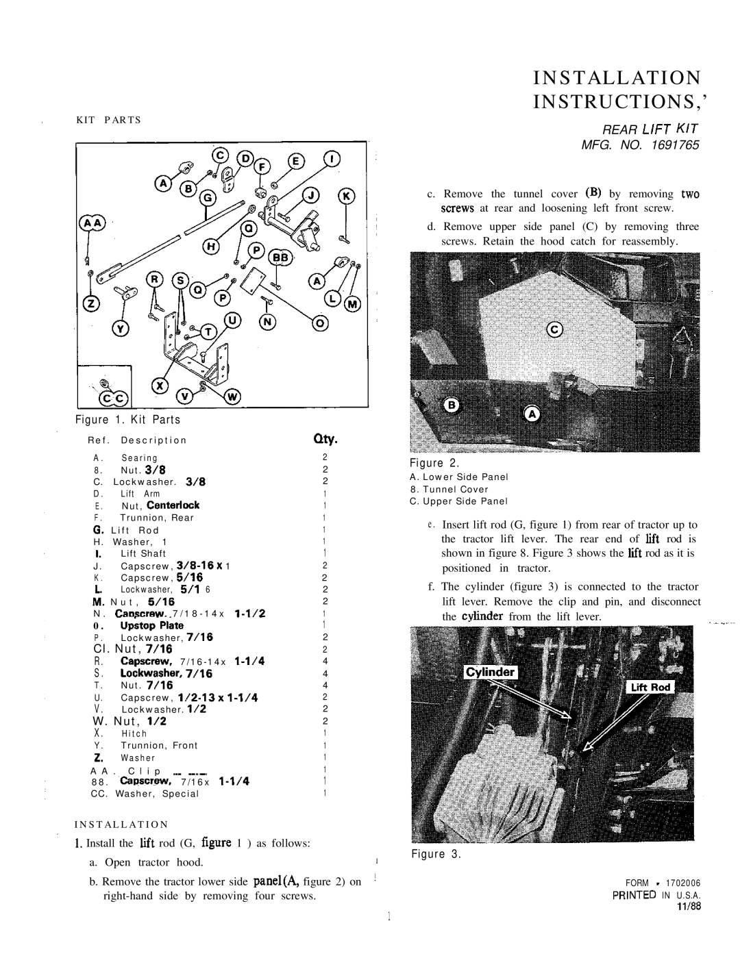 Snapper 1691765 installation instructions Installation INSTRUCTIONS,’, Rear LlFT KIT MFG. no, Cl. Nut, 7/16, Nut, l/2 