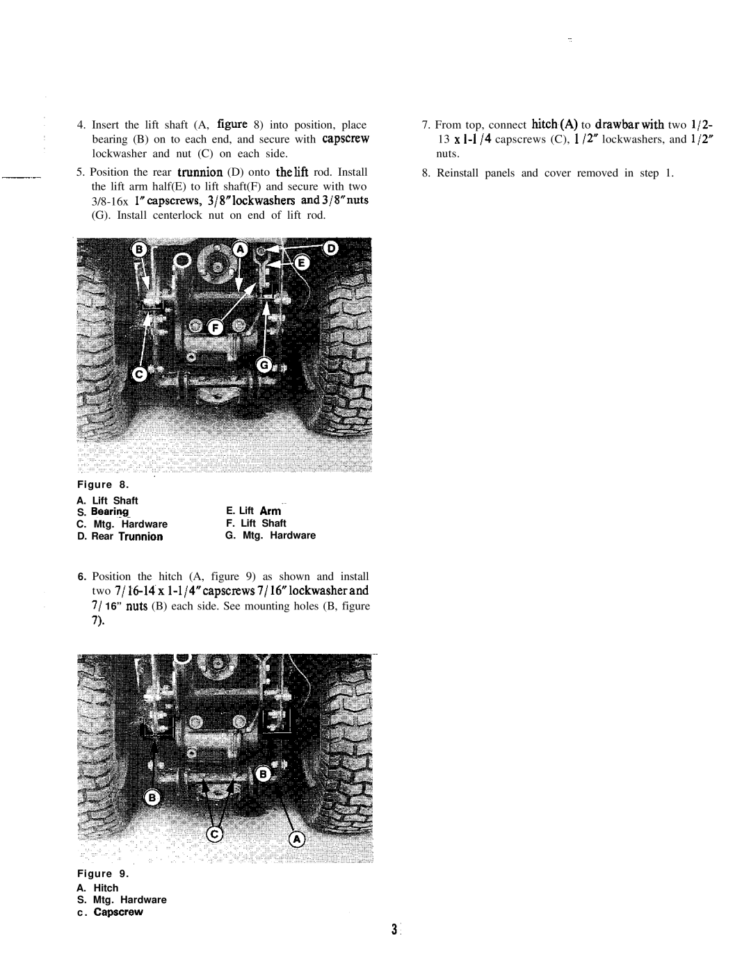 Snapper 1691765 installation instructions Lift Shaft Searing~~ Mtg. Hardware Rear Trunnion 