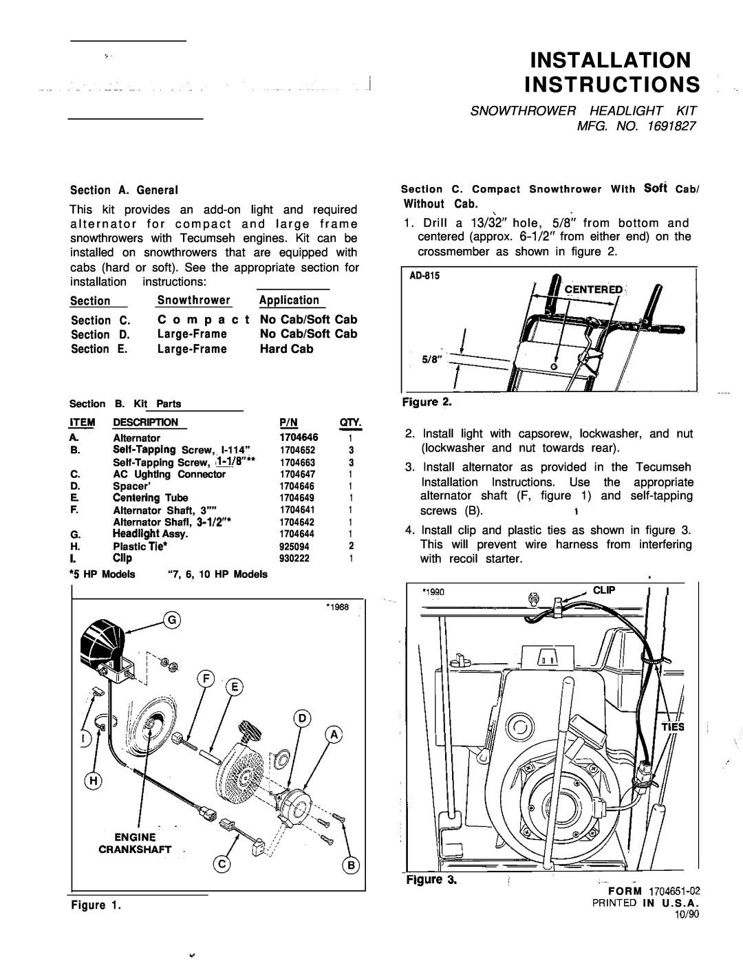 Snapper 1691827 installation instructions Section A. General, Section Snowthrower Application, Without Cab, ‘1990, gure 