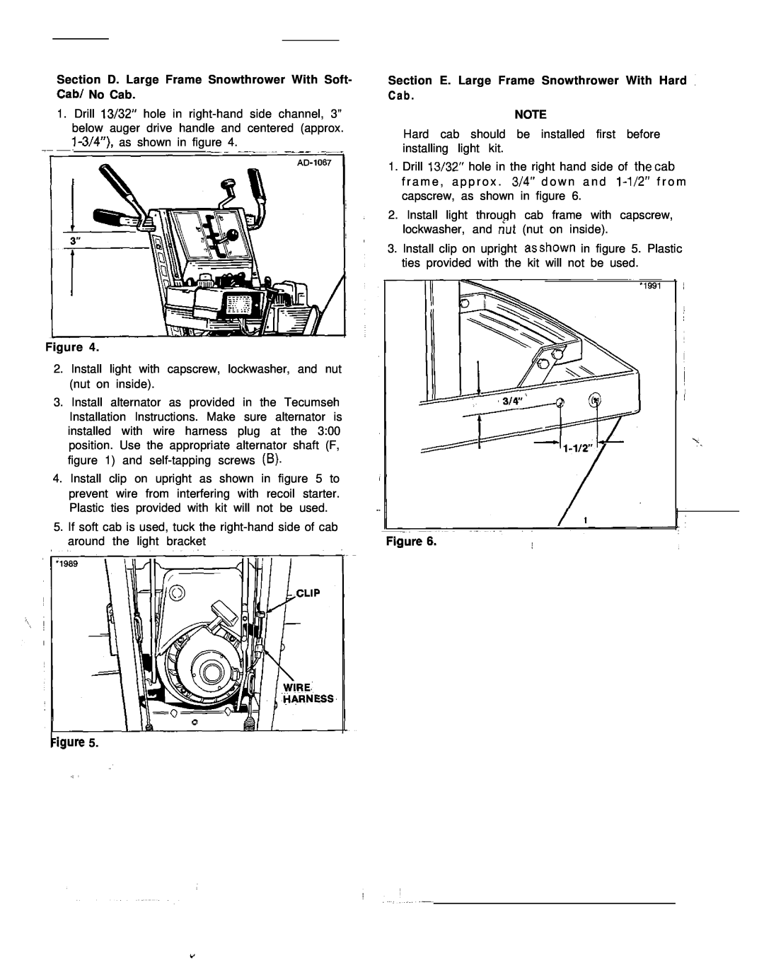 Snapper 1691827 installation instructions Section D. Large Frame Snowthrower With Soft- Cab/ No Cab 