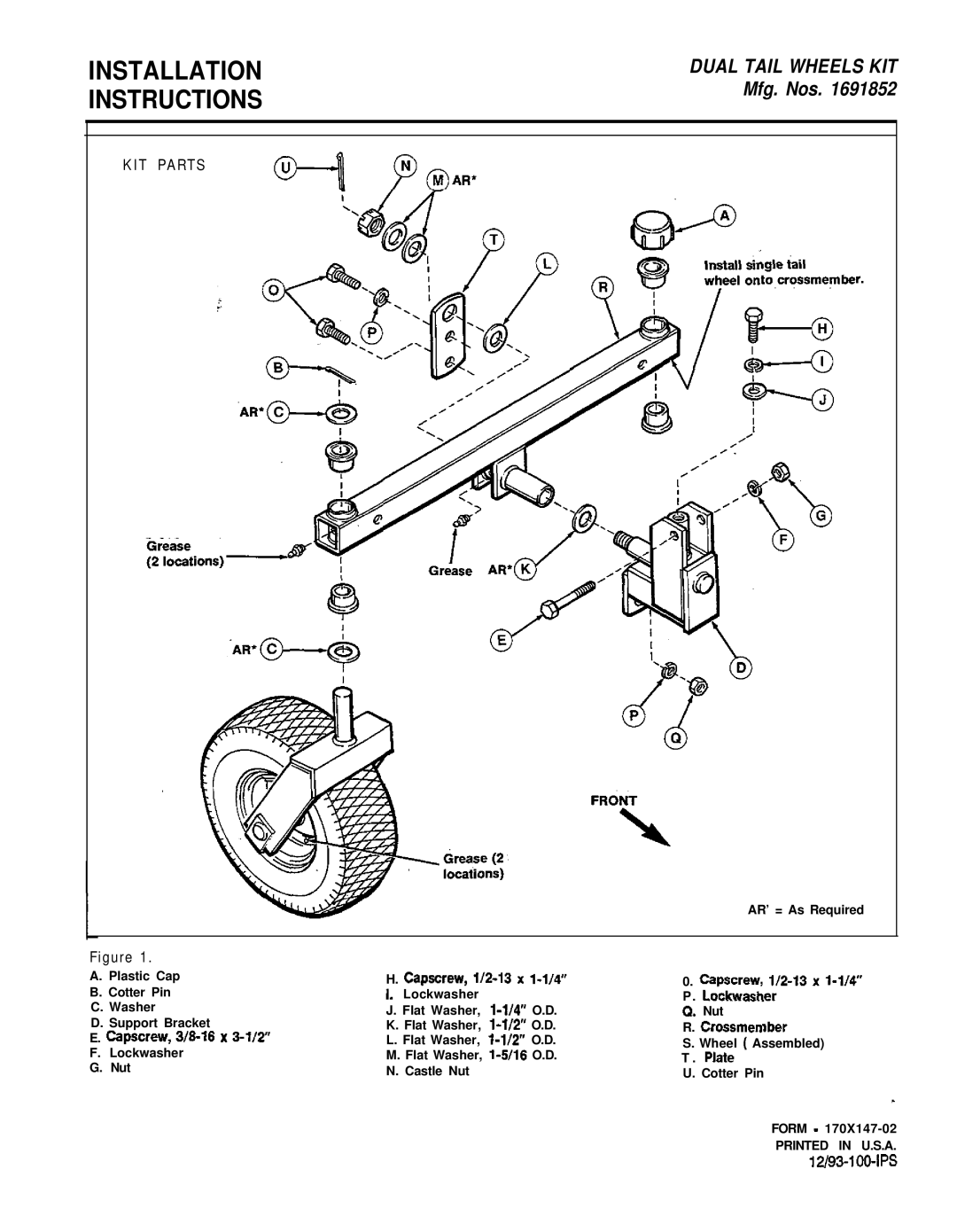 Snapper 1691852 manual Installation Instructions, Dual Tail Wheels KIT Mfg. Nos, KIT Parts @+j 