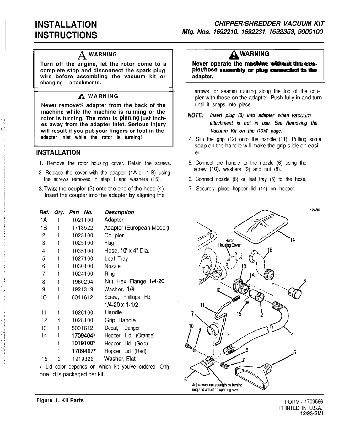 Snapper 1692210, 1692231, 1692353, 9000100 manual Installation Instructions 