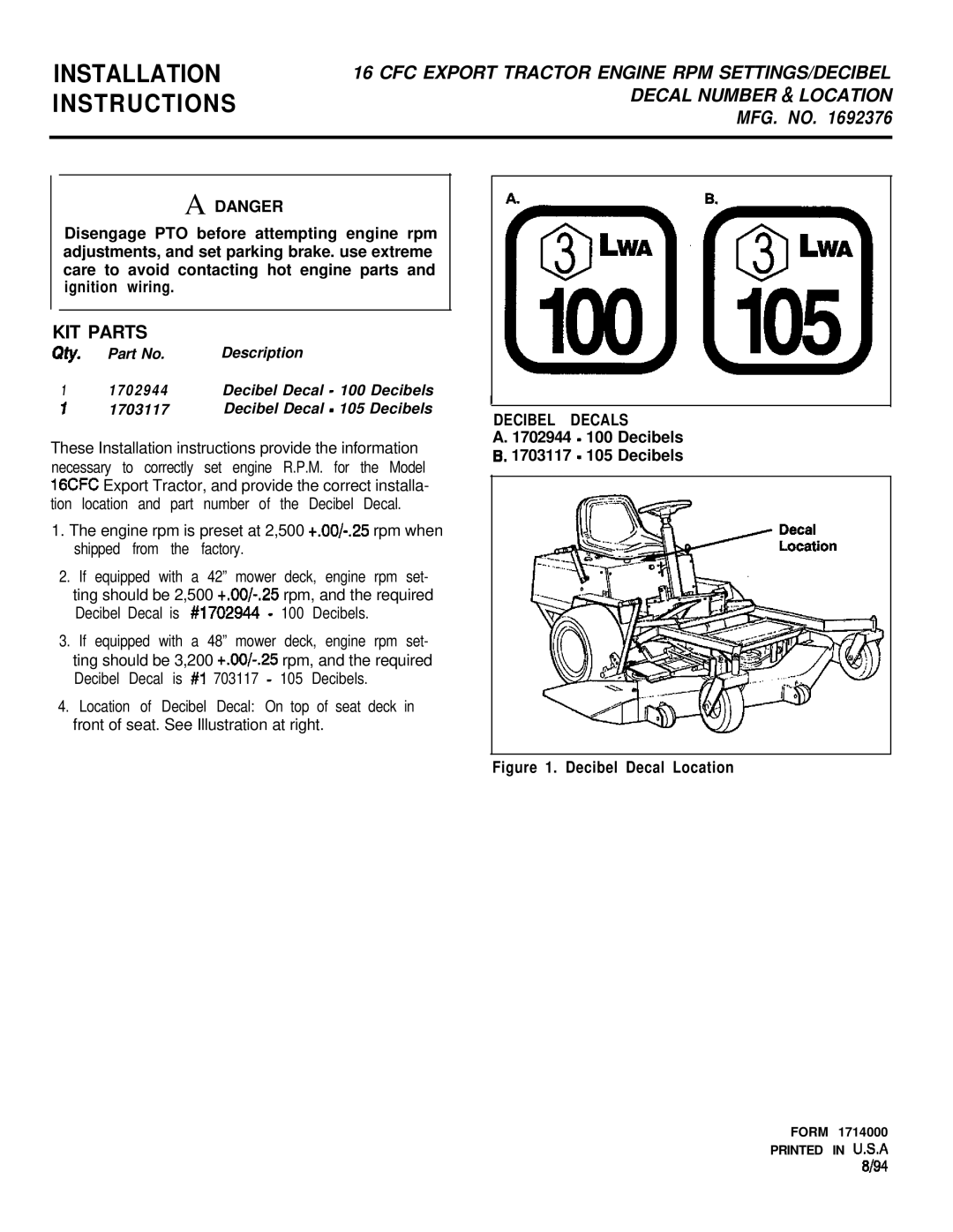 Snapper 1692376 installation instructions Installation Instructions, Qty 