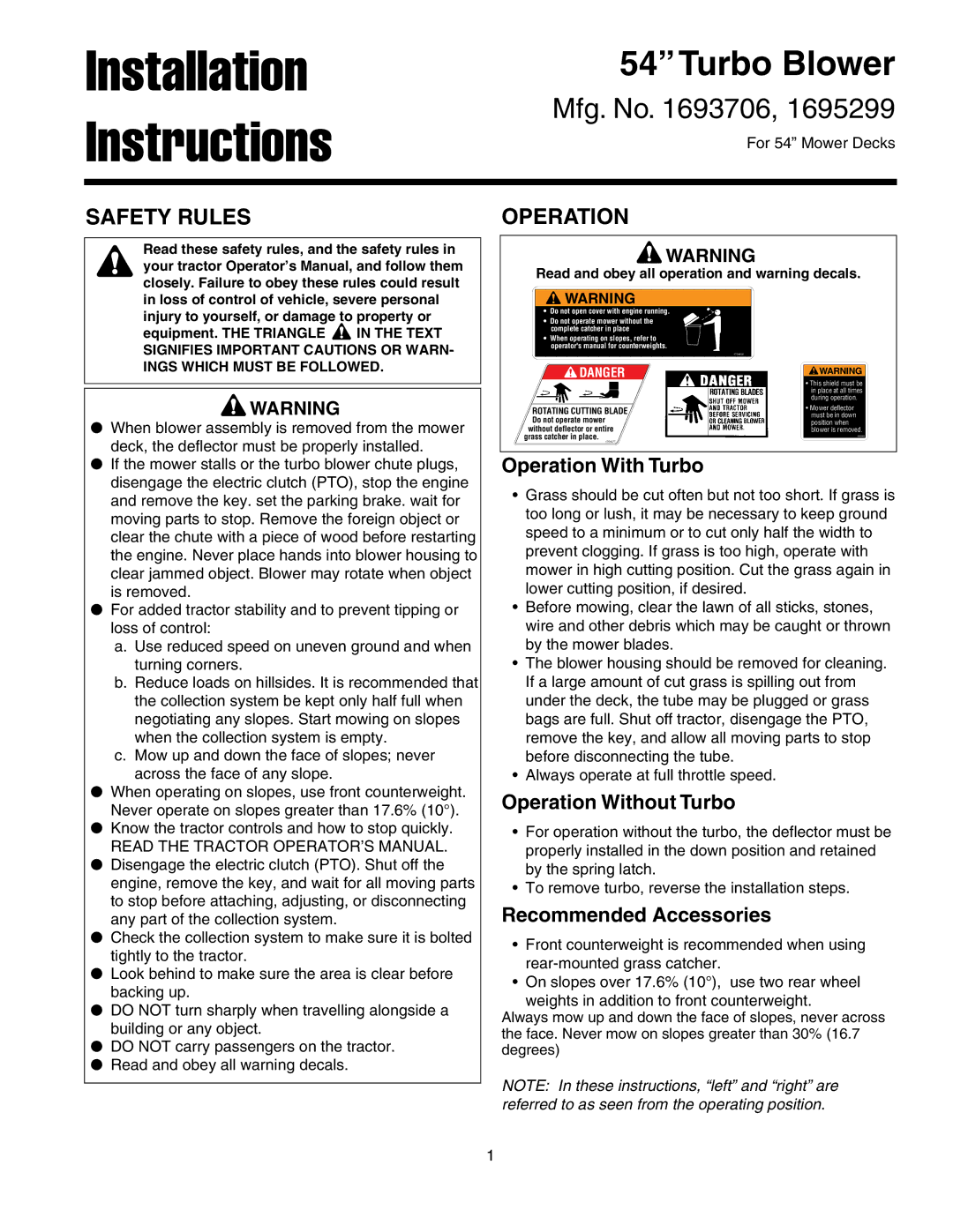 Snapper 1695299, 1693706 installation instructions Safety Rules, Operation, Read and obey all operation and warning decals 