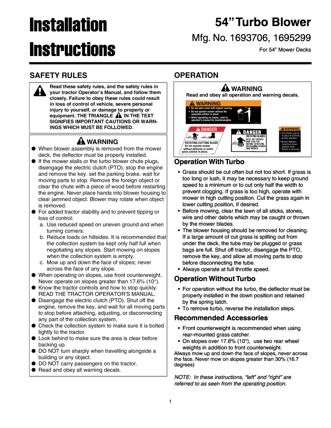 Snapper 1695299 installation instructions Safety Rules, Operation, Installation Instructions, 54”Turbo Blower, Mfg. No 