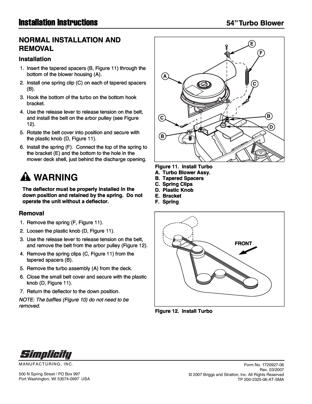 Snapper 1693706, 1695299 Normal Installation And Removal, Installation Instructions, 54”Turbo Blower 