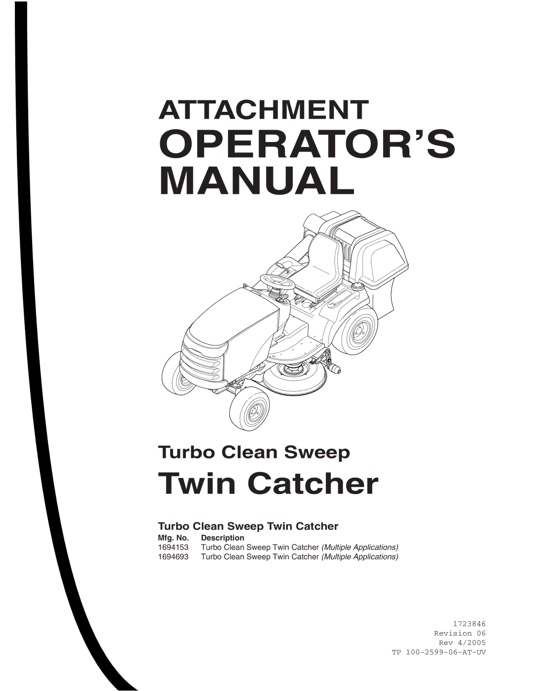 Snapper 1694693, 1694153, 1723846 manual OPERATOR’S Manual, Turbo Clean Sweep Twin Catcher 