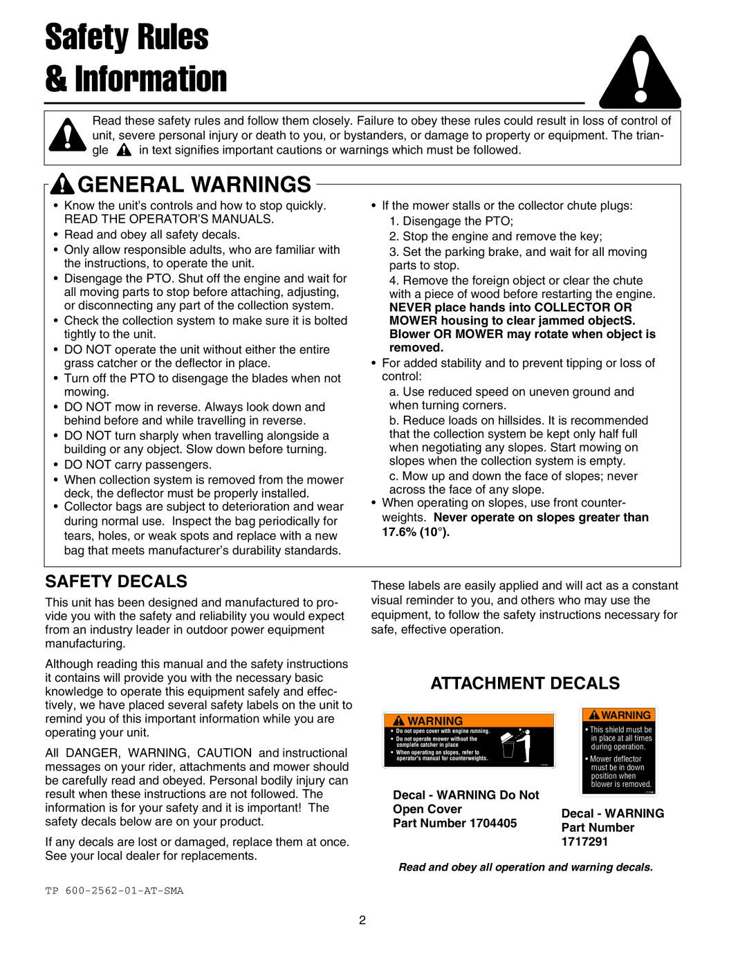 Snapper 1694153, 1694693, 1723846 manual Safety Rules Information, Safety Decals, Attachment Decals 