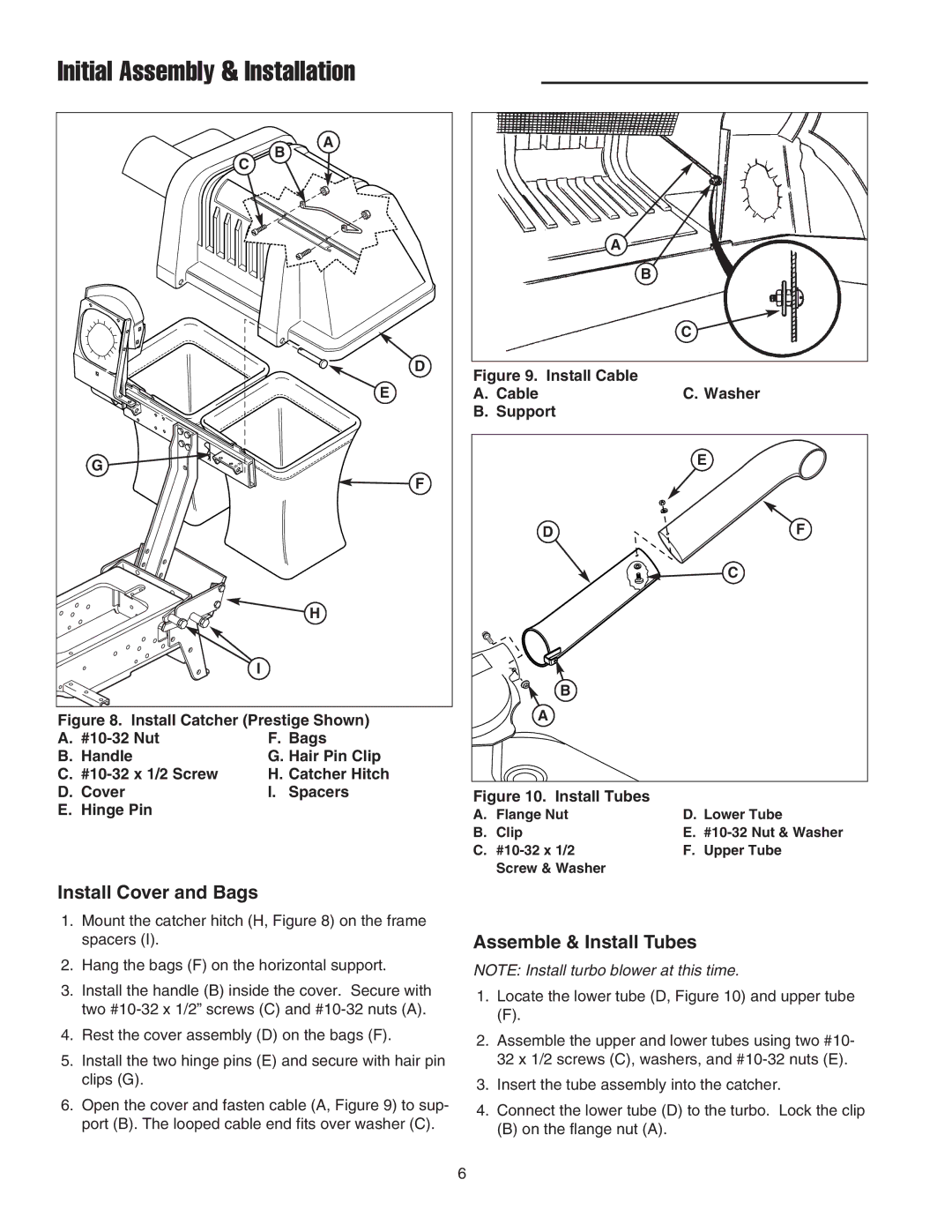 Snapper 1694693, 1694153, 1723846 manual Install Cover and Bags, Assemble & Install Tubes 