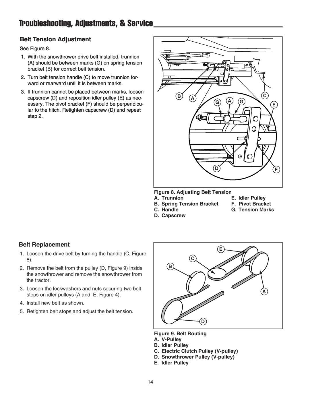 Snapper 1694296, 1694295, 1694144 manual Belt Tension Adjustment, Belt Replacement, Troubleshooting, Adjustments, & Service 