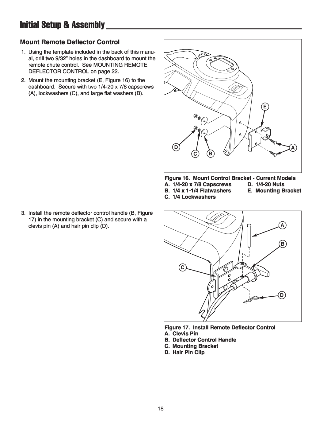 Snapper 1694296, 1694295, 1694144, 1694150 manual Mount Remote Deflector Control, Initial Setup & Assembly 