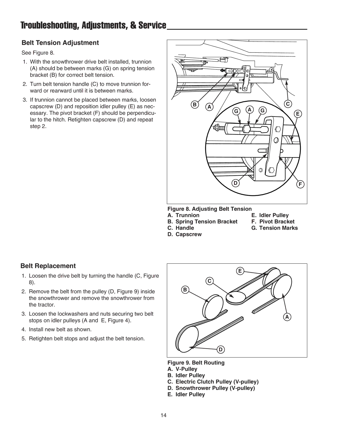 Snapper 1694296, 1694295, 1694144, 1694150 manual Belt Tension Adjustment, Belt Replacement 