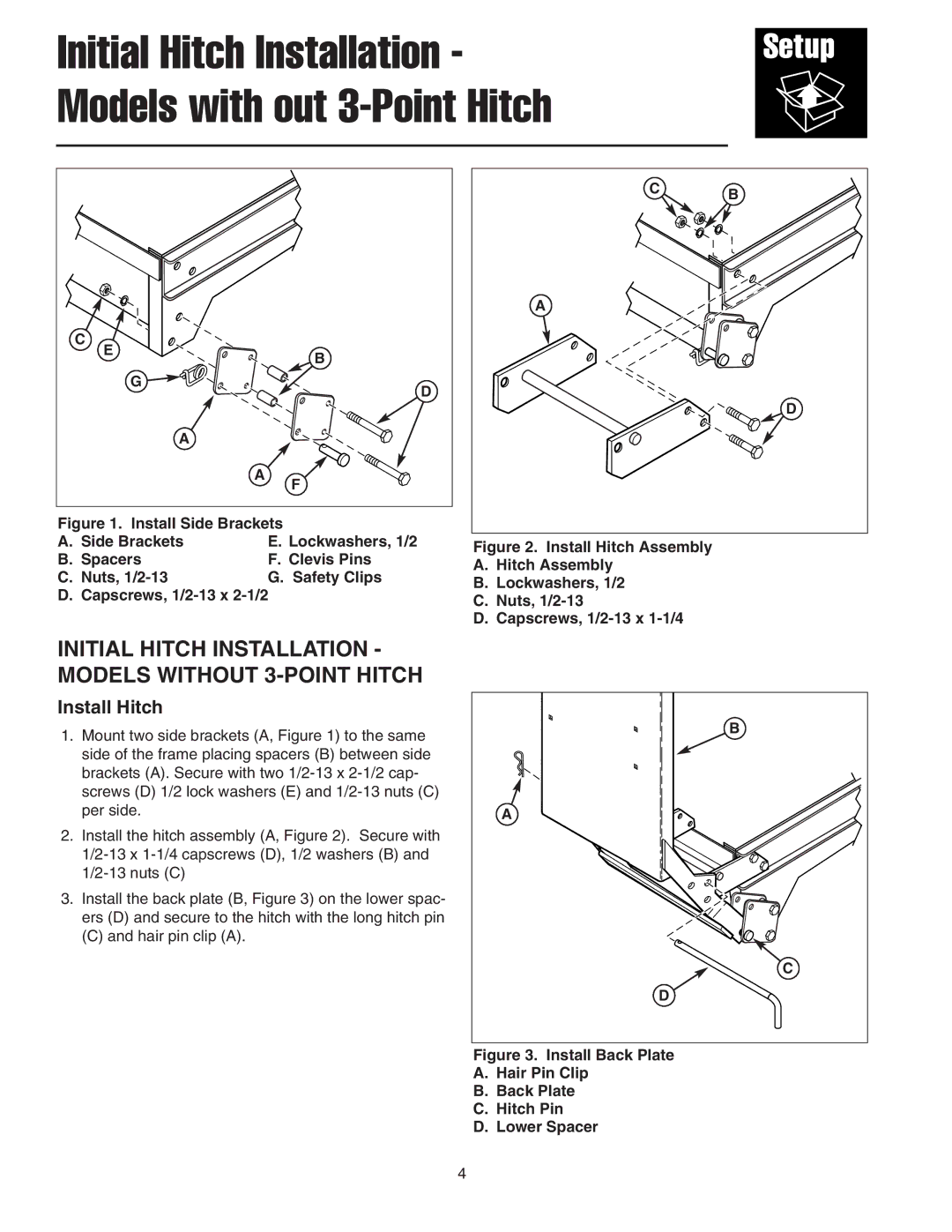 Snapper 1725580, 1694389 manual Install Hitch, Install Back Plate Hair Pin Clip Hitch Pin Lower Spacer 