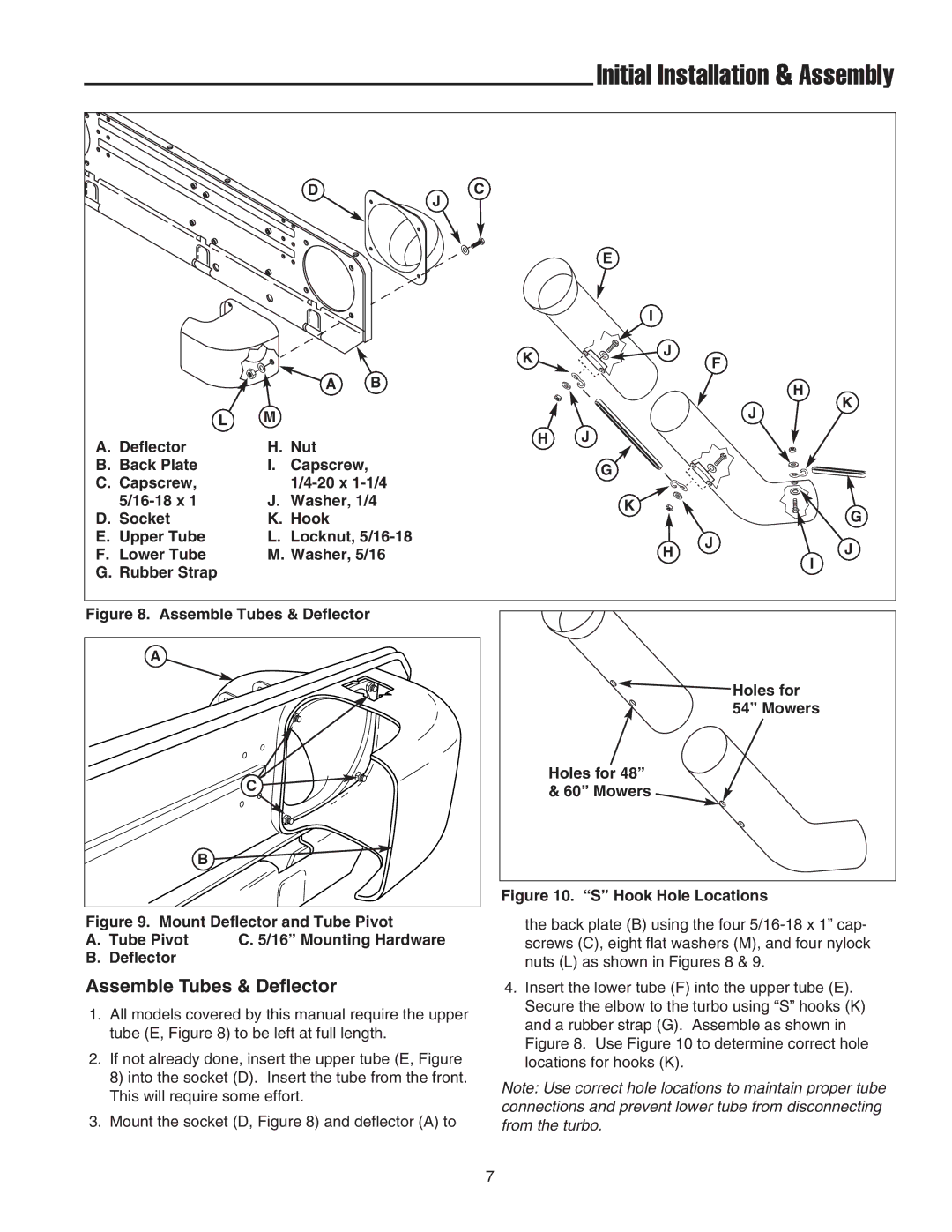 Snapper 1694389, 1725580 manual Assemble Tubes & Deflector, Holes for 54 Mowers Holes for 48 & 60 Mowers 