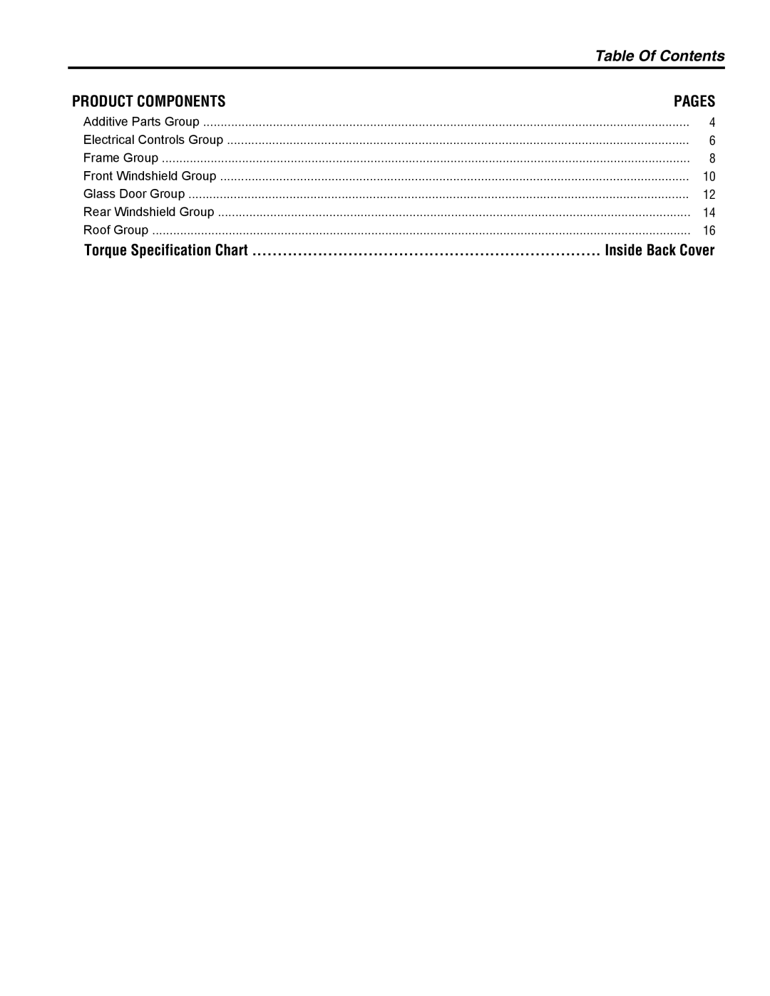 Snapper 1694401 manual Table Of Contents, Product Components, Pages, Torque Specification Chart, Inside Back Cover 