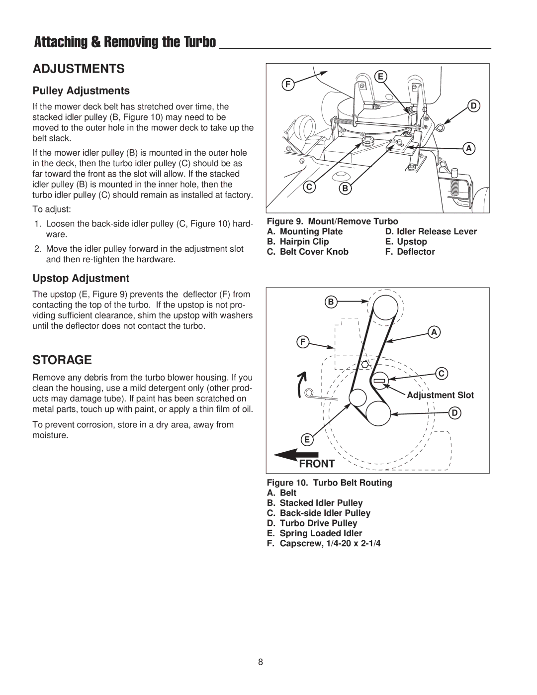 Snapper 1694496, 1726315-02 manual Storage, Pulley Adjustments, Upstop Adjustment 