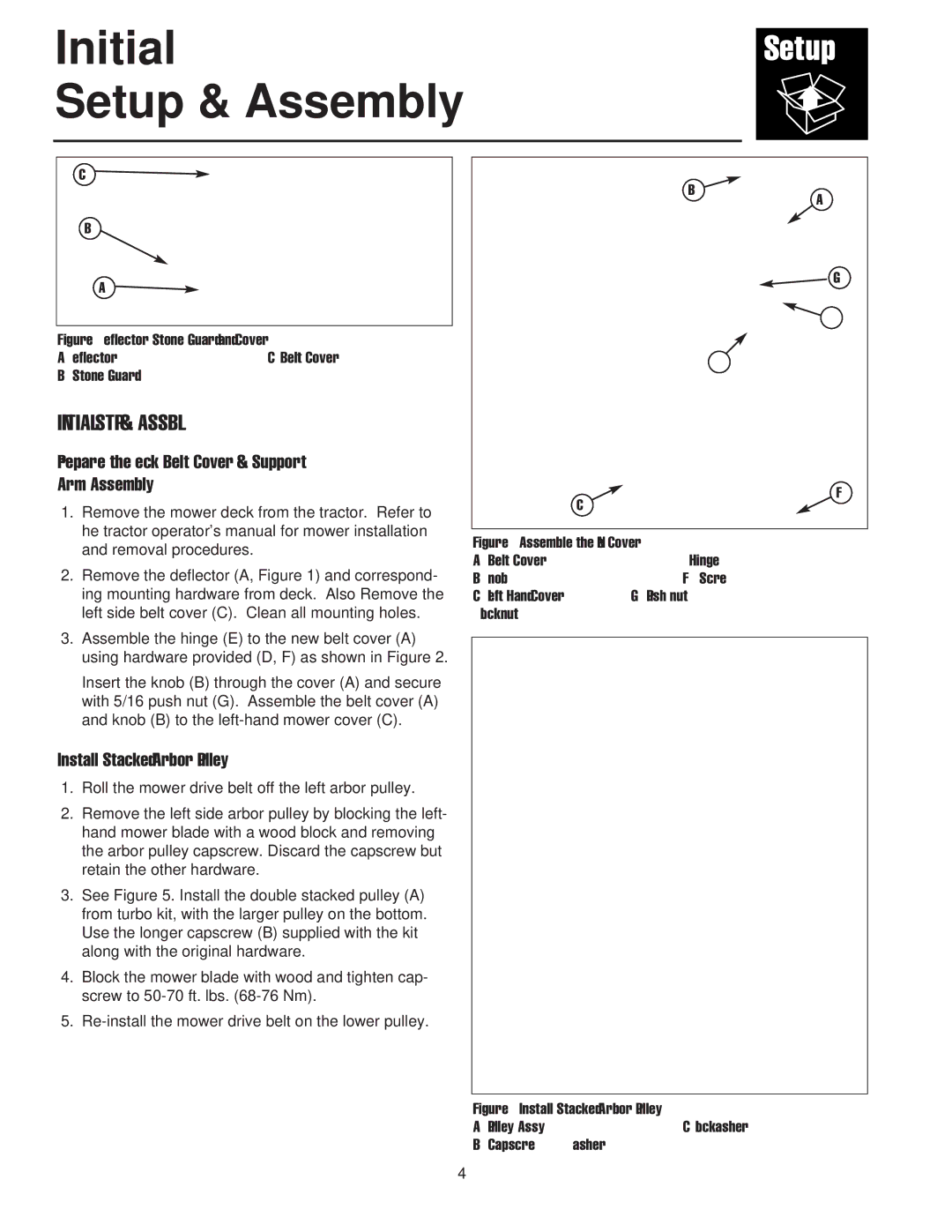 Snapper 1694496, 1726315-02 manual Initial Setup & Assembly, Prepare the Deck, Belt Cover, & Support Arm Assembly 