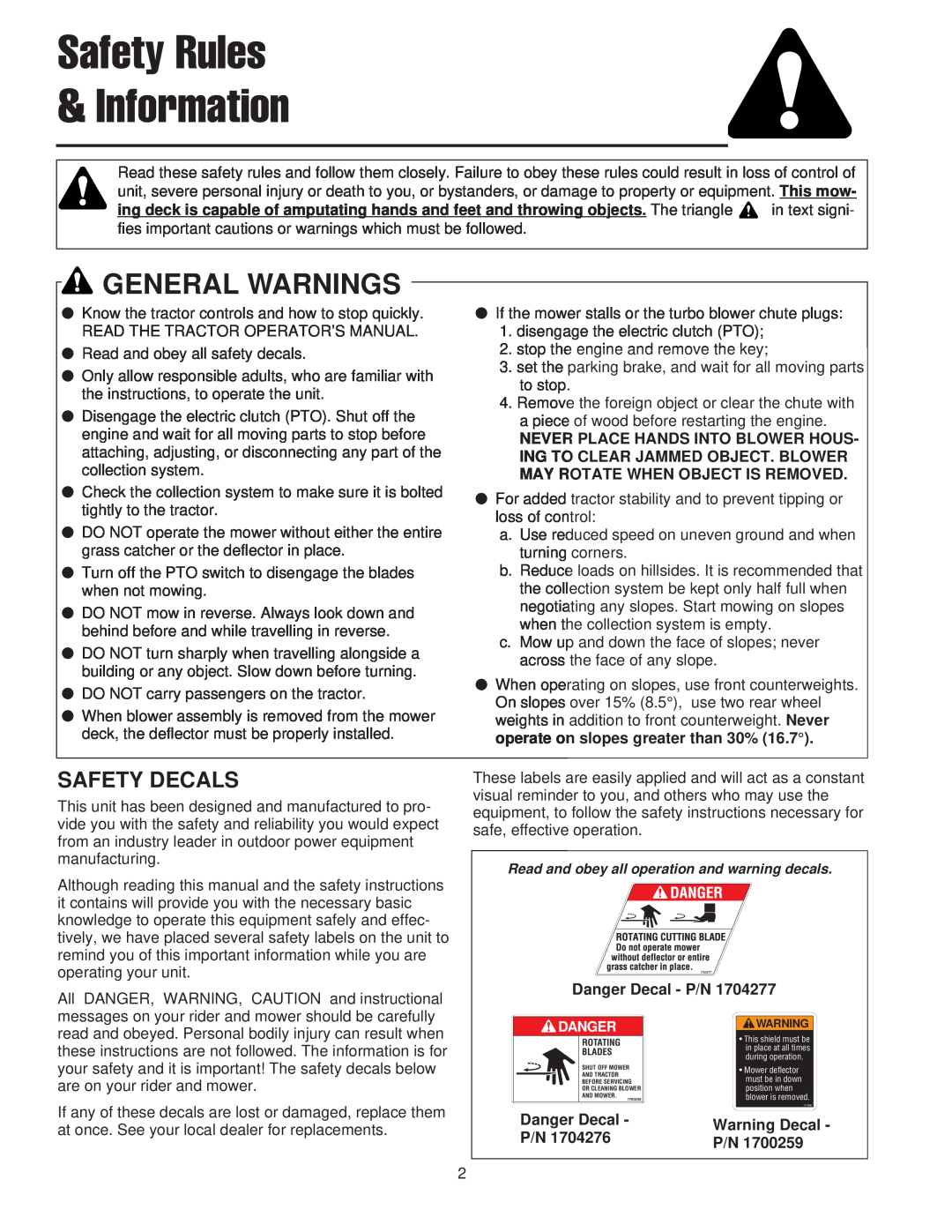 Snapper 1694496, 1726315-02 manual Safety Rules & Information, Safety Decals, General Warnings 