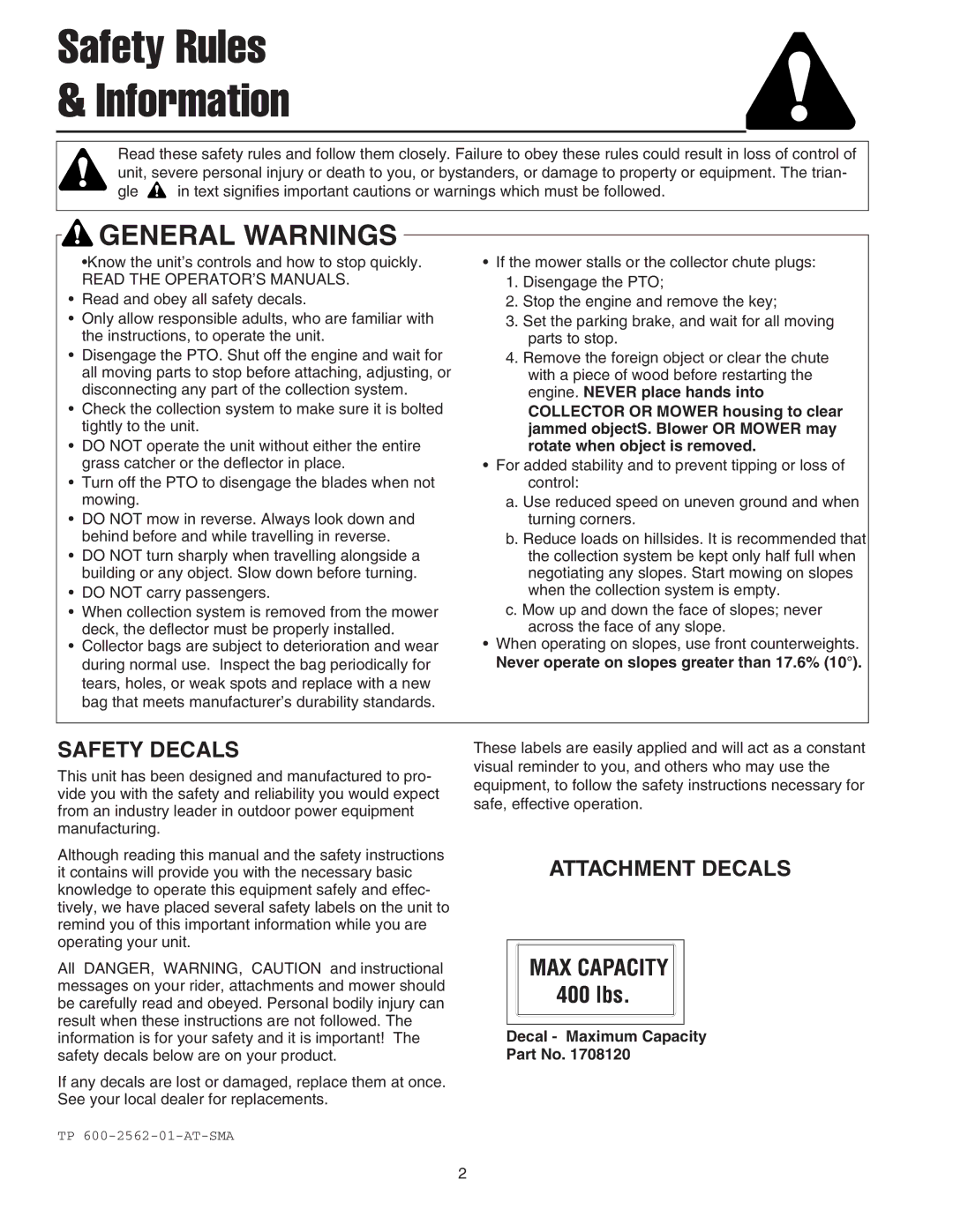 Snapper 1726564, 1694542 manual Safety Decals, Attachment Decals 