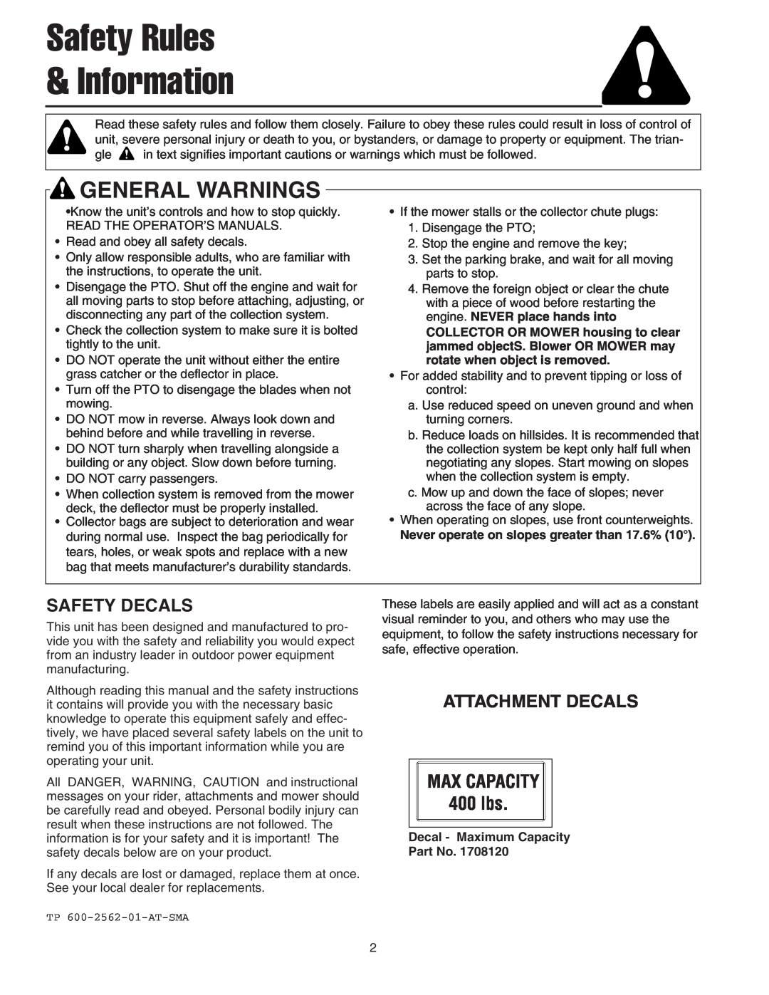 Snapper 1726564, 1694542 manual Safety Rules Information, Safety Decals, Attachment Decals, General Warnings 