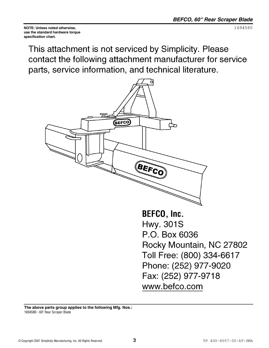 Snapper 1694580 manual BEFCO, 60 Rear Scraper Blade, NOTE Unless noted otherwise, use the standard hardware torque 