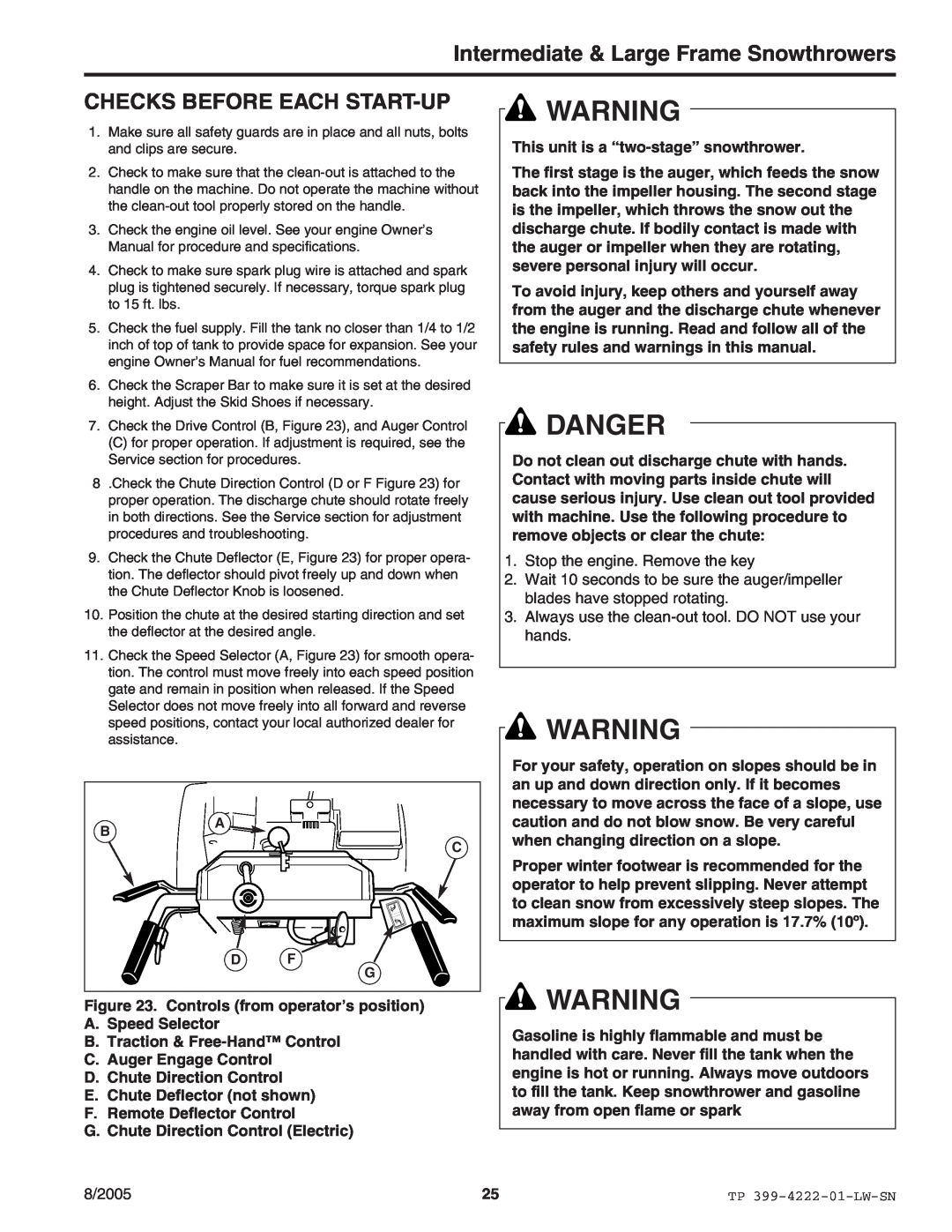 Snapper 1694851 1380E, 1694852 1380EX manual Danger, Checks Before Each Start-Up, Intermediate & Large Frame Snowthrowers 